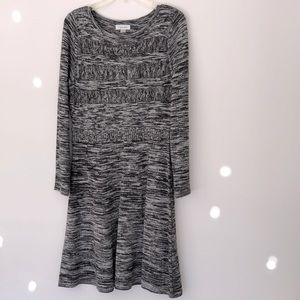 M Calvin Klein Sweater Dress Knit Fitted Ling Sleeves Warm Cozy Midi Gray Marled
